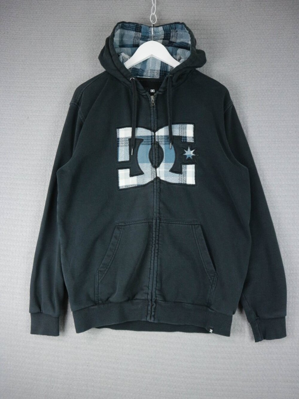 DC Plaid Checkered Logo Zip Up Vintage Y2K Hoodie Large Vintage